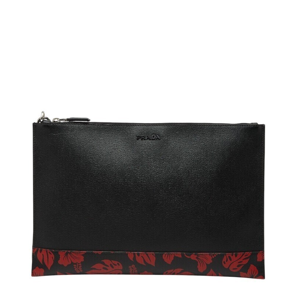 Prada Flower Clutch Bag Black Red Saffiano Leather